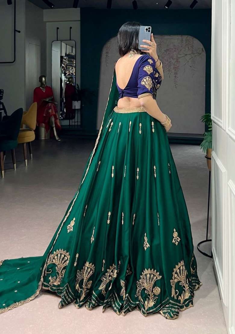 Green Sequin Work Silk Lehenga Set for Diwali and Festive Wear - Indya