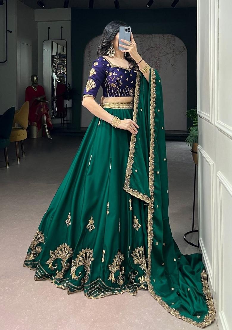 Green Sequin Work Silk Lehenga Set - Indya