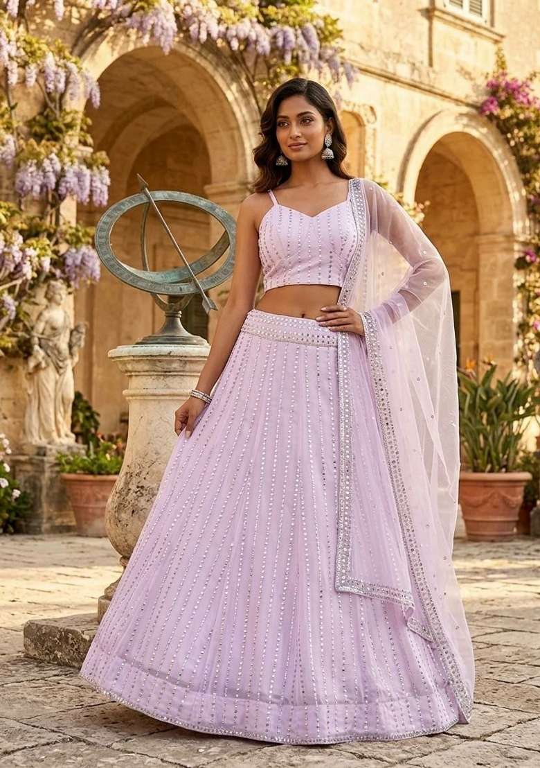 Pink Sequin Work Georgette Lehenga Set for Diwali and Festive Wear - Indya