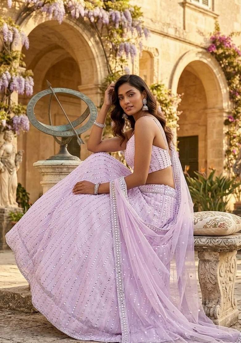 Pink Sequin Work Georgette Lehenga Set - Indya