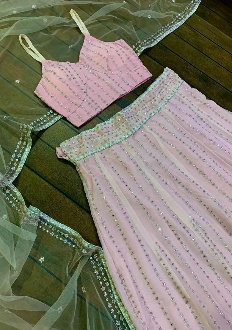 Pink Sequin Work Georgette Lehenga Set for Diwali and Festive Wear - Indya