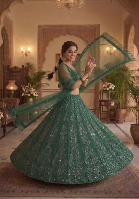 Green Sequin Work Net Lehenga Set