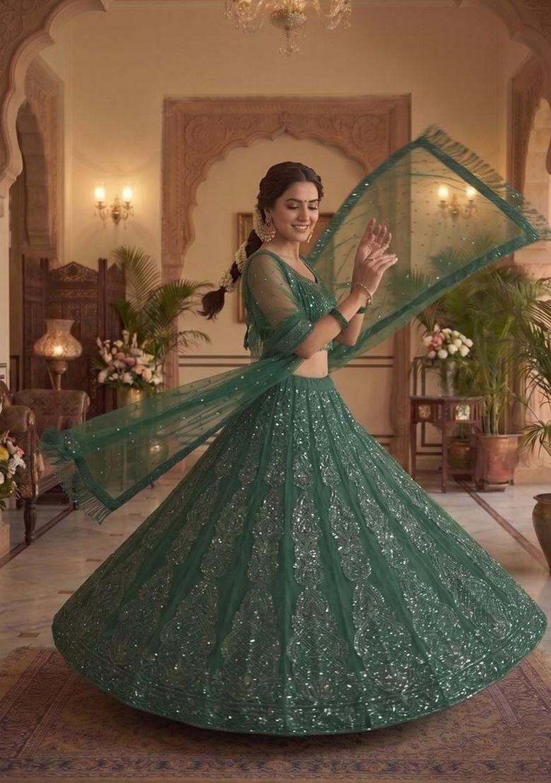 Green Sequin Work Net Lehenga Set - Indya
