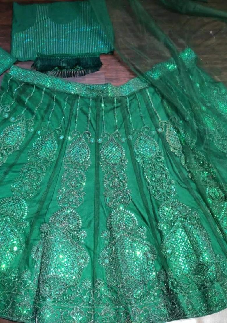 Green Sequin Work Net Lehenga Set - Indya
