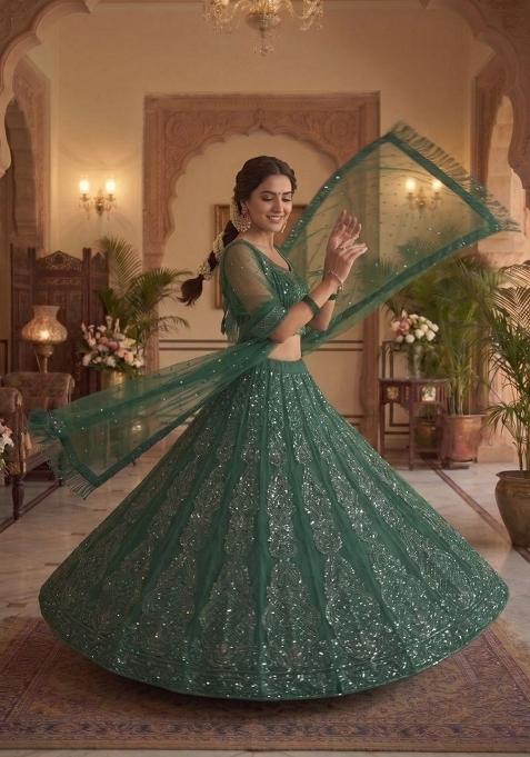 Green Sequin Work Net Lehenga Set