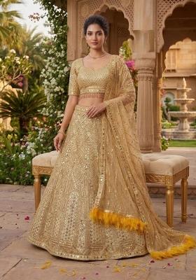 Golden Sequin Work Net Lehenga Set