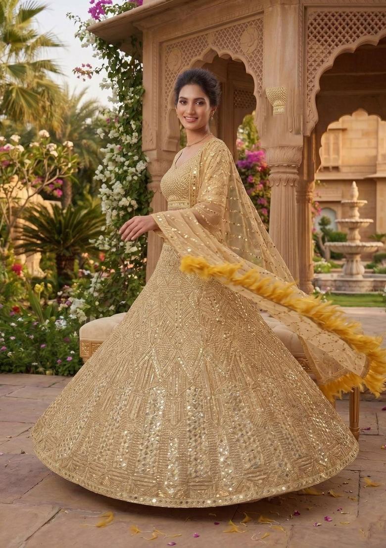 Golden Sequin Work Net Lehenga Set - Indya