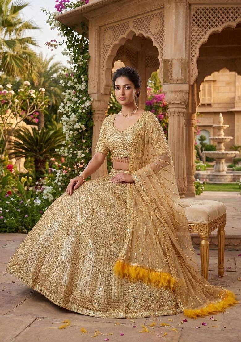 Golden Sequin Work Net Lehenga Set - Indya