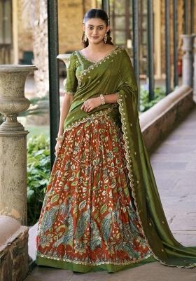 Olive Green Lace Border Silk Lehenga Set