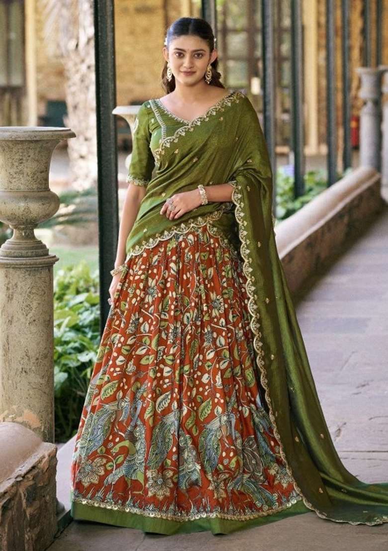 Olive Green Lace Border Silk Lehenga Set for Diwali | Wedding & Festive Wear - Indya