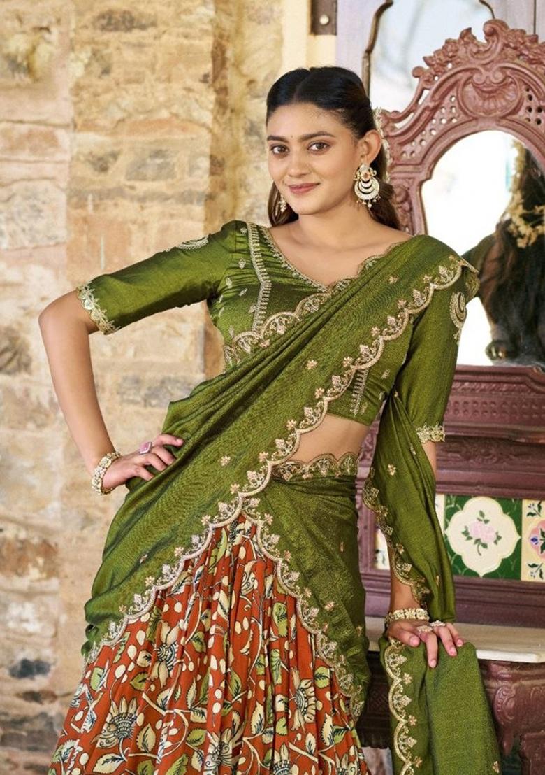 Olive Green Lace Border Silk Lehenga Set - Indya
