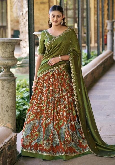 Olive Green Lace Border Silk Lehenga Set