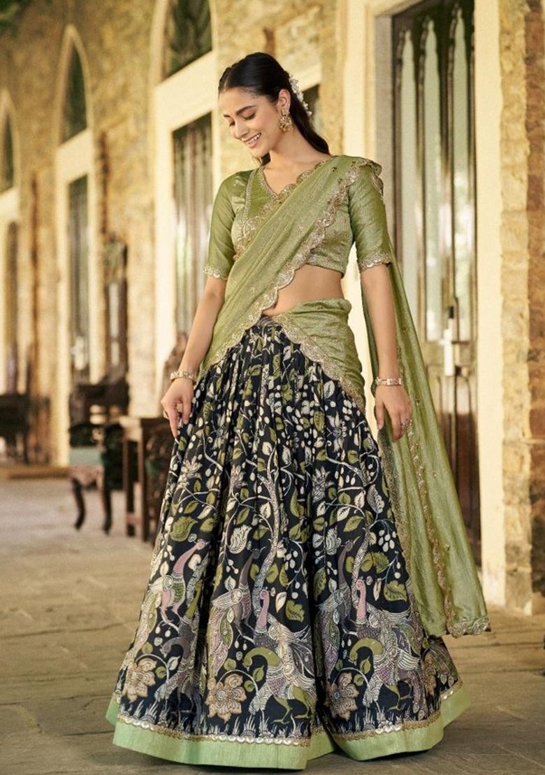 Green Lace Border Silk Lehenga Set - Indya