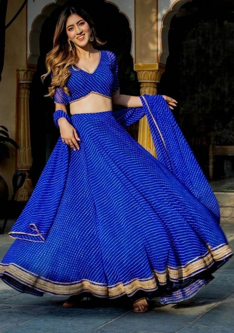 Blue Floral Print Georgette Lehenga Set - Indya