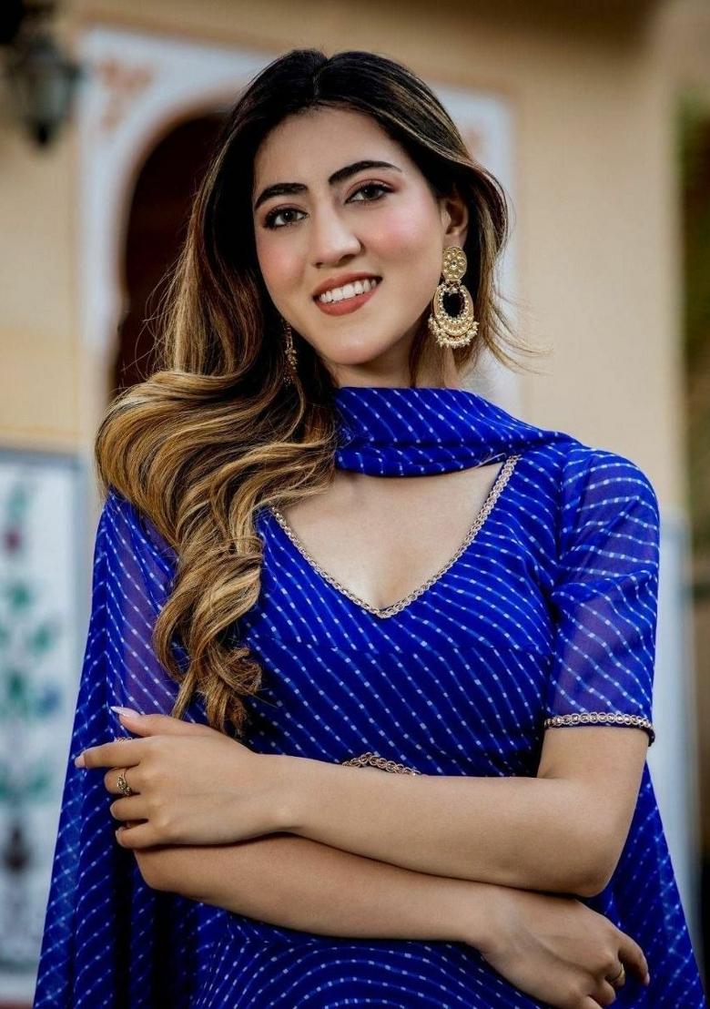 Blue Floral Print Georgette Lehenga Set - Indya
