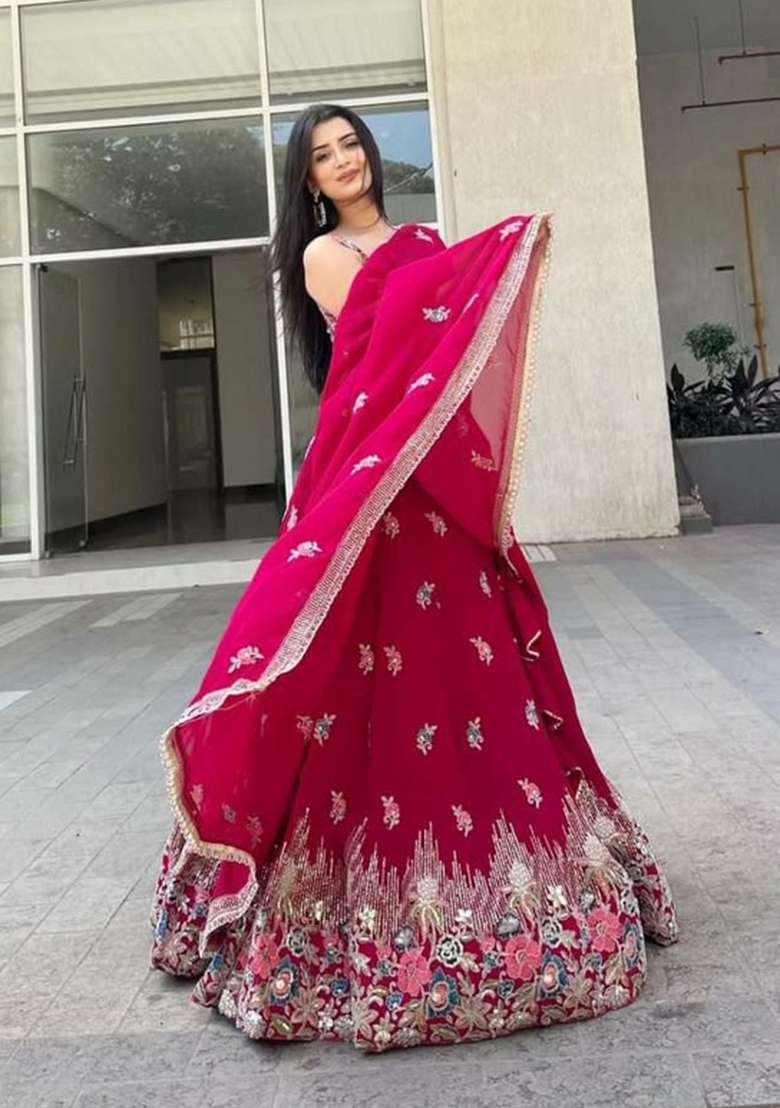 Rani Pink Georgette Lehenga Set for Diwali and Festive Wear - Indya