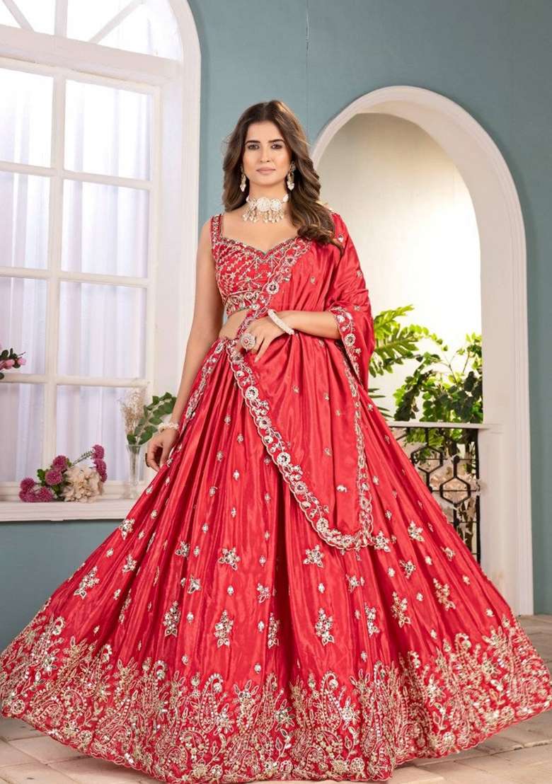 Rani Pink Work Chinon Lehenga Set with Sequin for Diwali | Wedding & Festive Wear - Indya