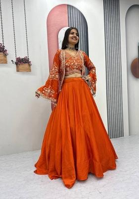 Orange Embroidered Chinon Lehenga Set