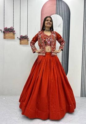 Rust Thread Work Silk Lehenga Set