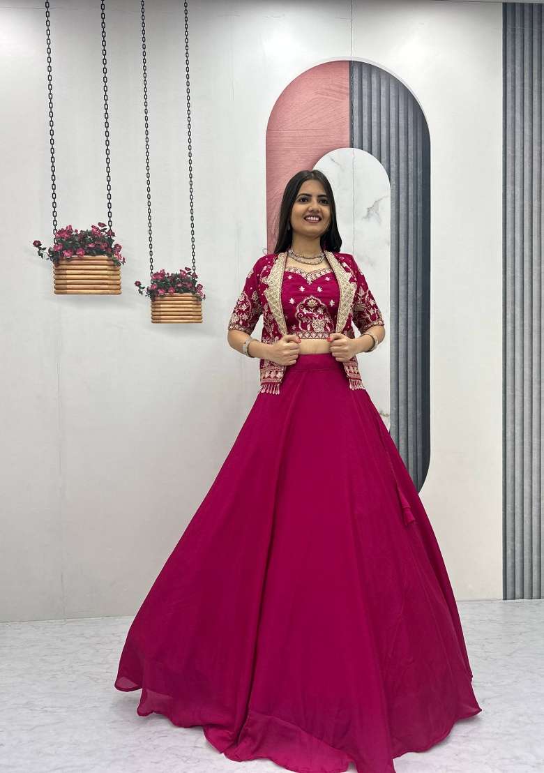 Pink Chinon Lehenga Set with Thread Work for Diwali | Wedding & Festive Wear - Indya