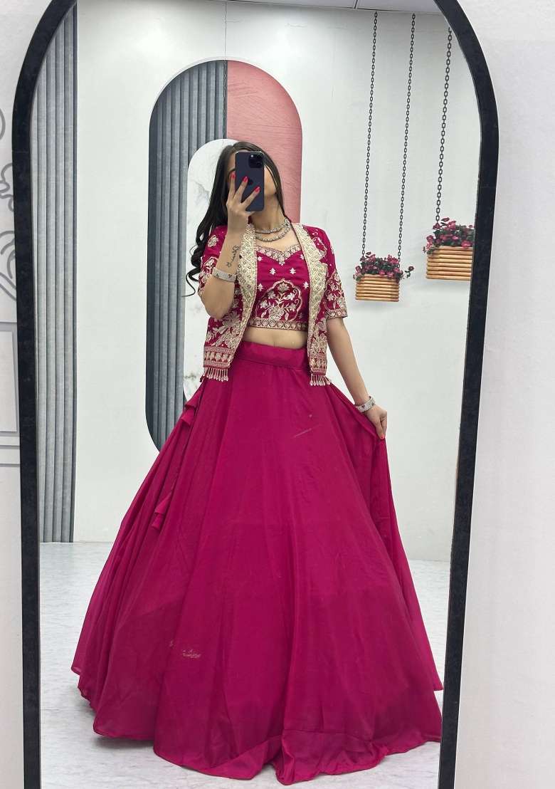 Pink Chinon Lehenga Set with Thread Work for Diwali | Wedding & Festive Wear - Indya