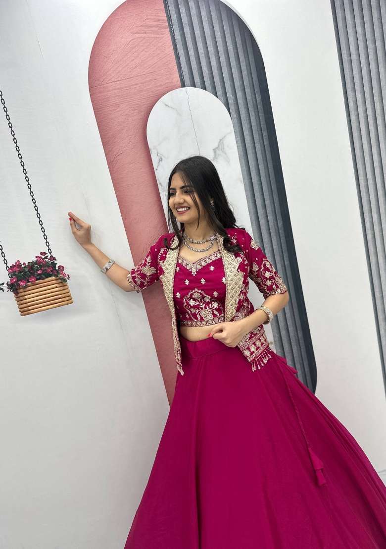 Pink Chinon Lehenga Set with Thread Work for Diwali | Wedding & Festive Wear - Indya
