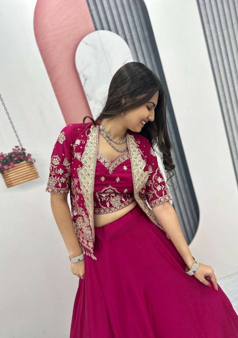 Pink Chinon Lehenga Set with Thread Work for Diwali | Wedding & Festive Wear - Indya
