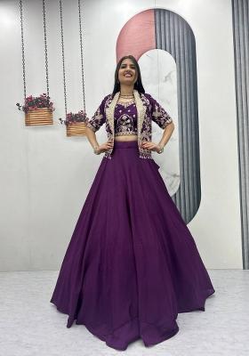 Purple Thread Work Chinon Lehenga Set