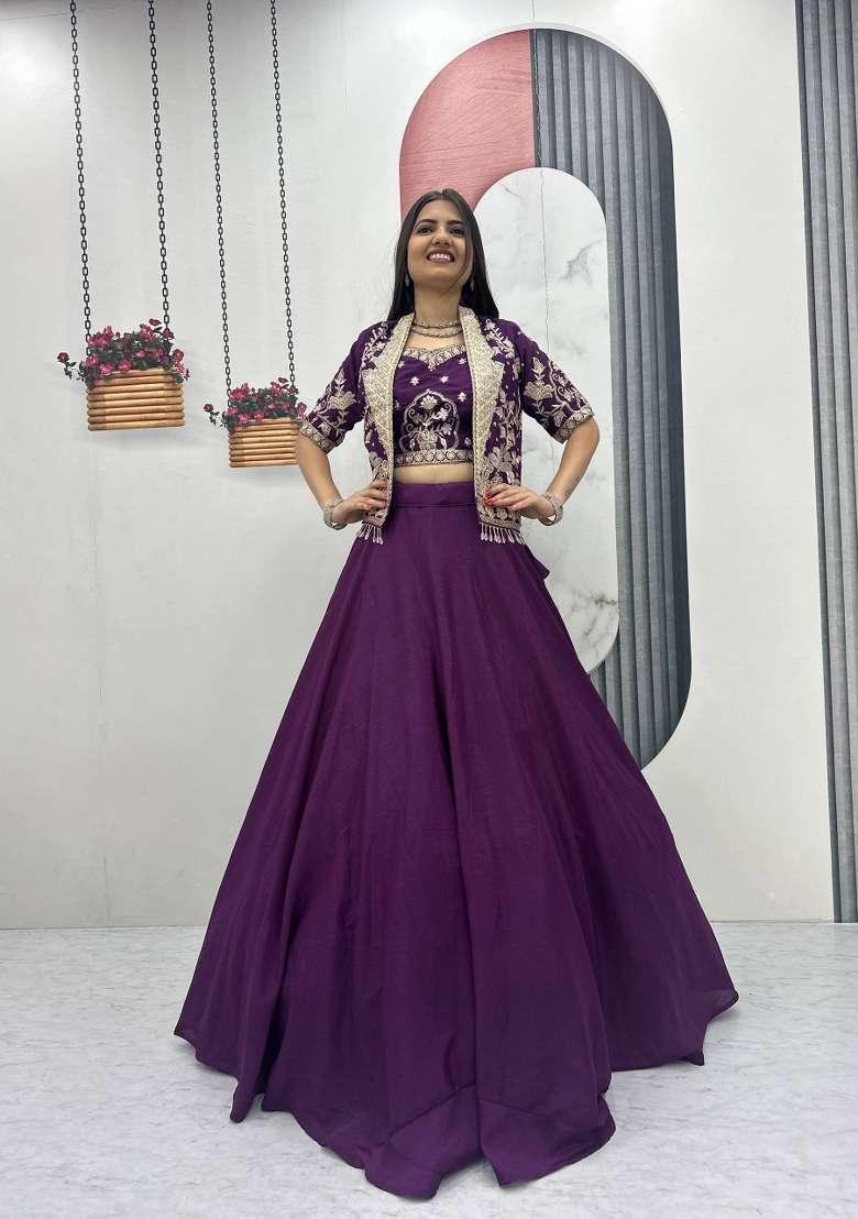 Purple Thread Work Chinon Lehenga Set for Diwali and Festive Wear - Indya