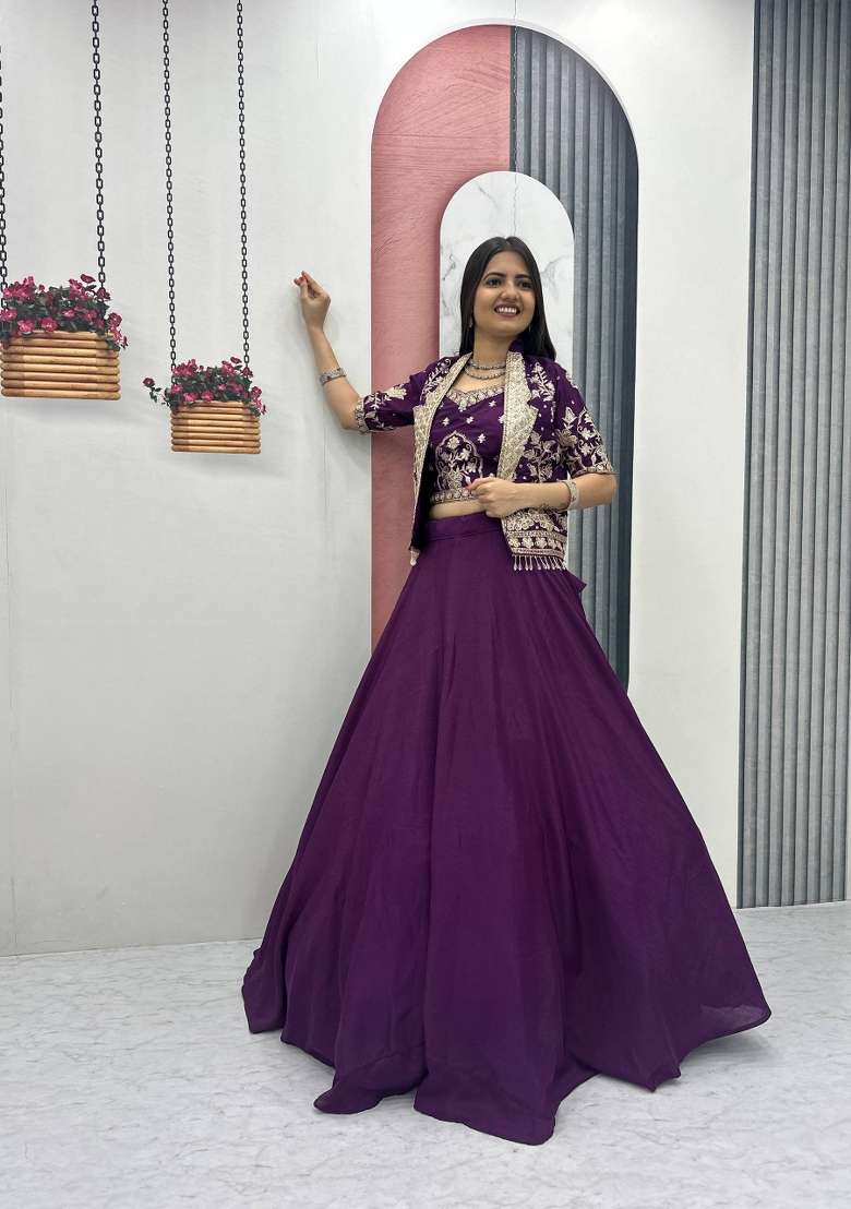 Purple Thread Work Chinon Lehenga Set for Diwali and Festive Wear - Indya