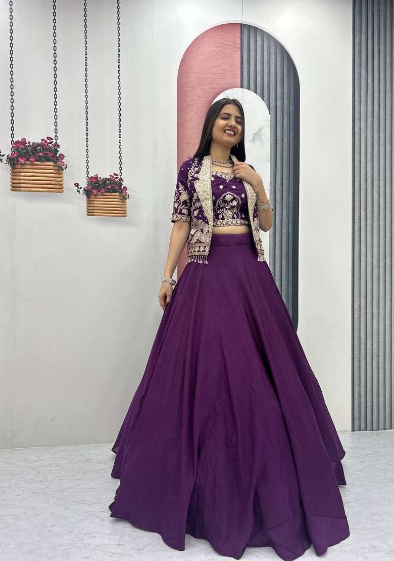 Purple Thread Work Chinon Lehenga Set for Diwali and Festive Wear - Indya