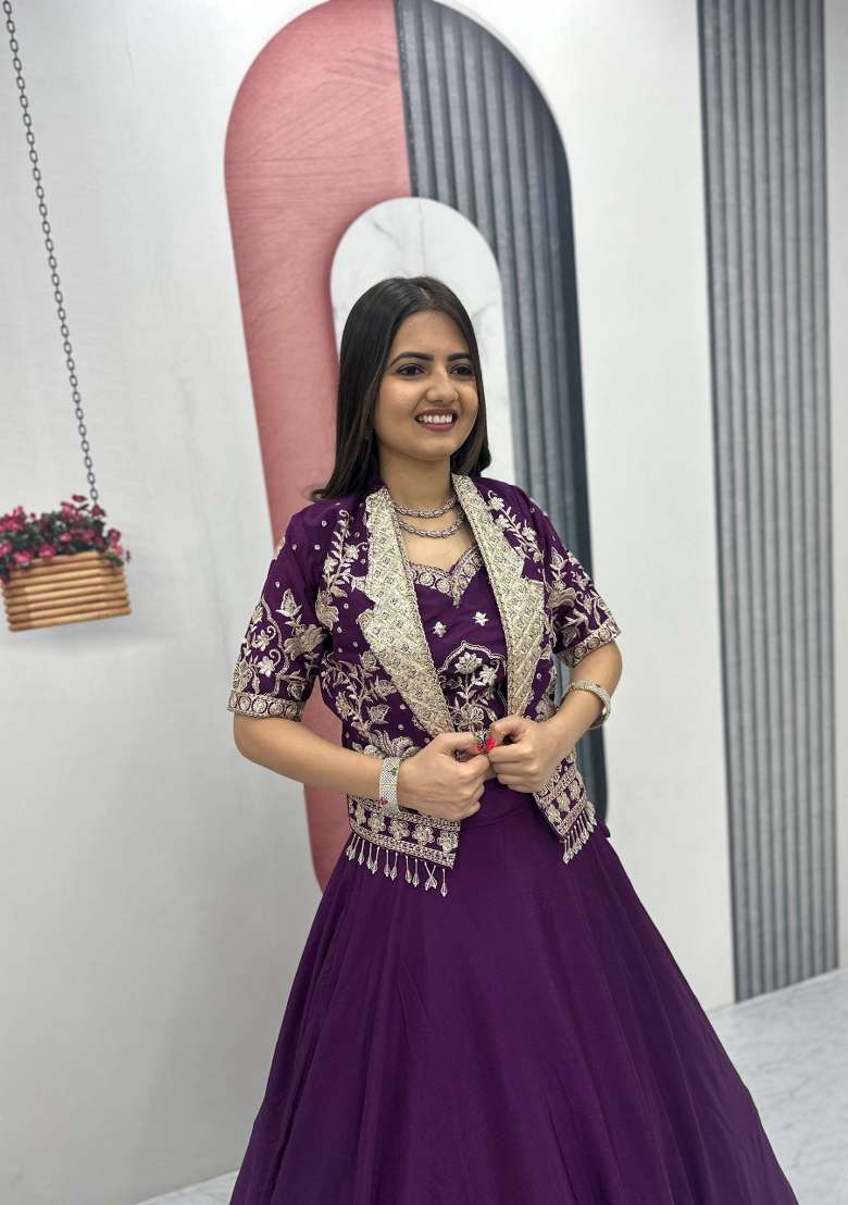 Purple Thread Work Chinon Lehenga Set for Diwali and Festive Wear - Indya