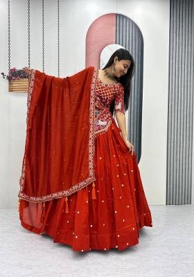 Rust Embroidered Silk Lehenga Set