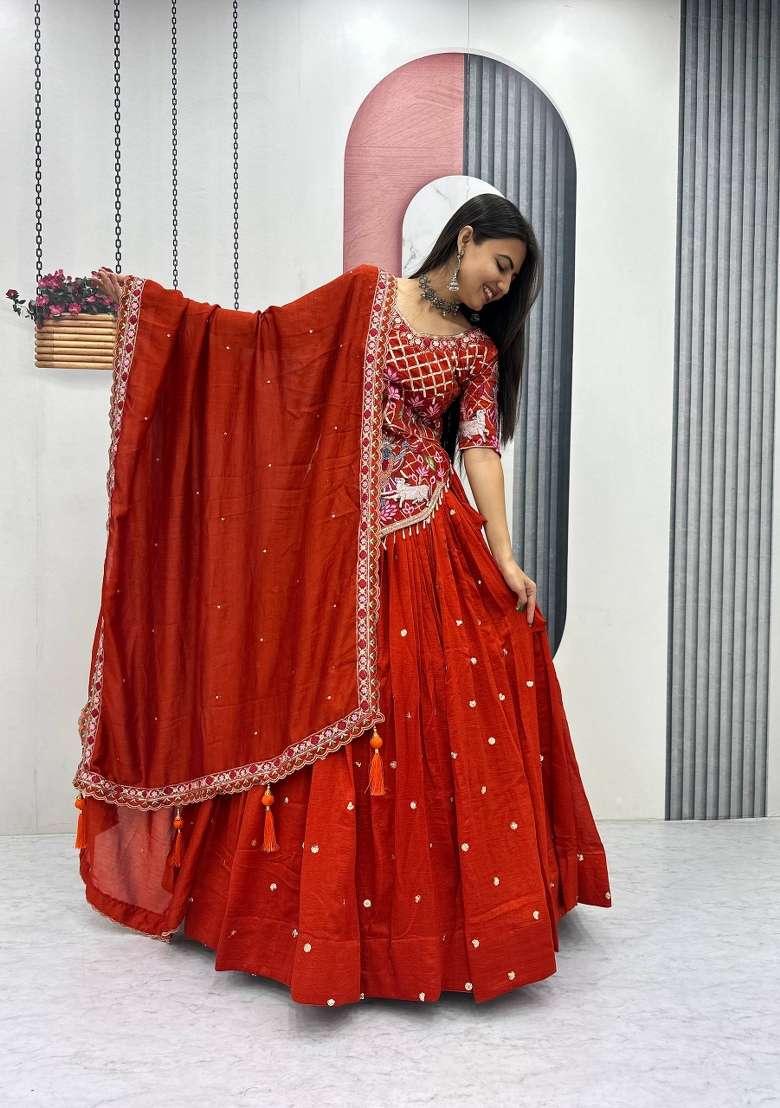 Rust Silk Lehenga Set with Embroidered for Diwali | Wedding & Festive Wear - Indya