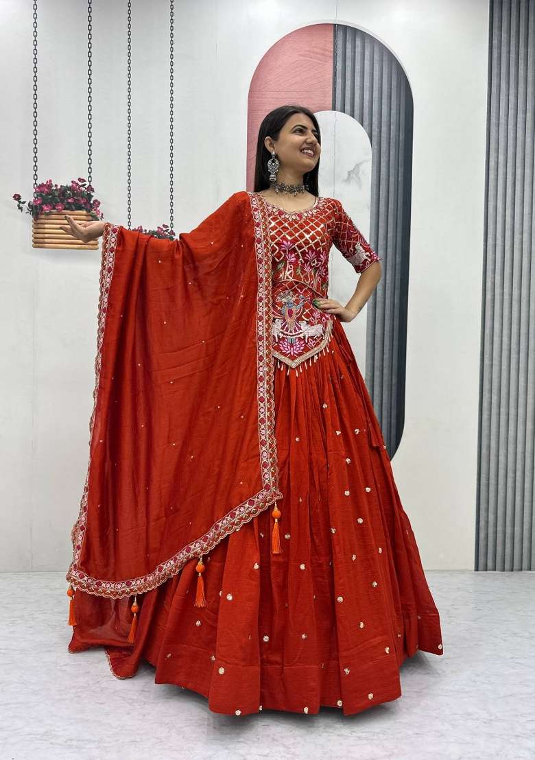 Rust Silk Lehenga Set with Embroidered for Diwali | Wedding & Festive Wear - Indya