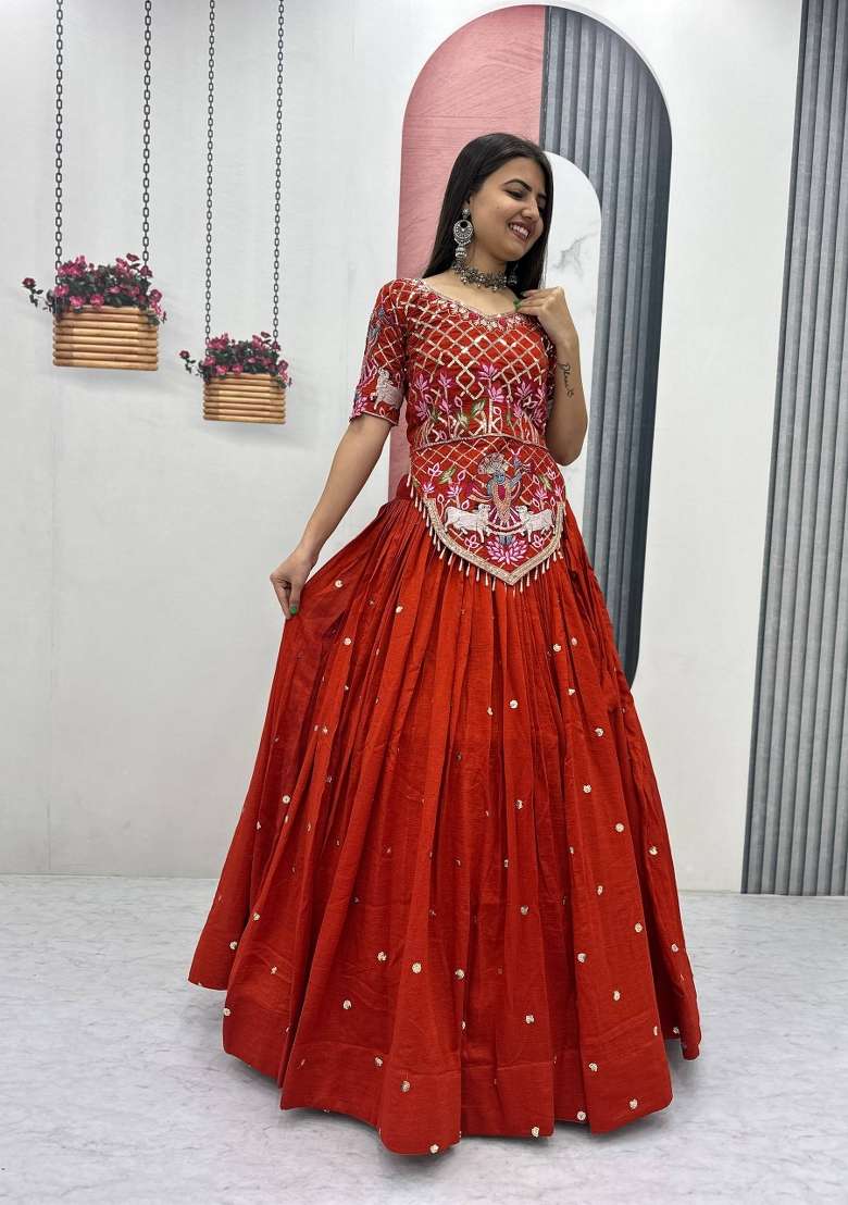 Rust Silk Lehenga Set with Embroidered for Diwali | Wedding & Festive Wear - Indya