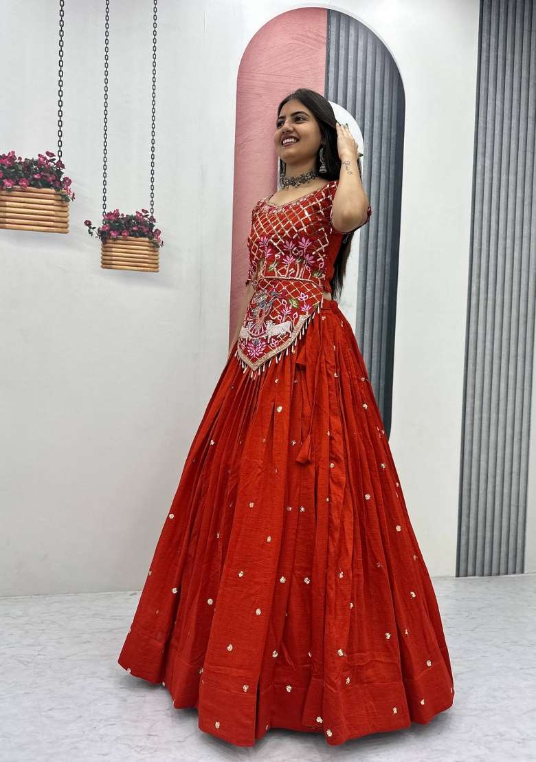 Rust Silk Lehenga Set with Embroidered for Diwali | Wedding & Festive Wear - Indya
