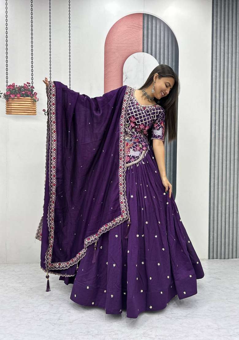 Purple Embroidered Silk Lehenga Set for Diwali and Festive Wear - Indya