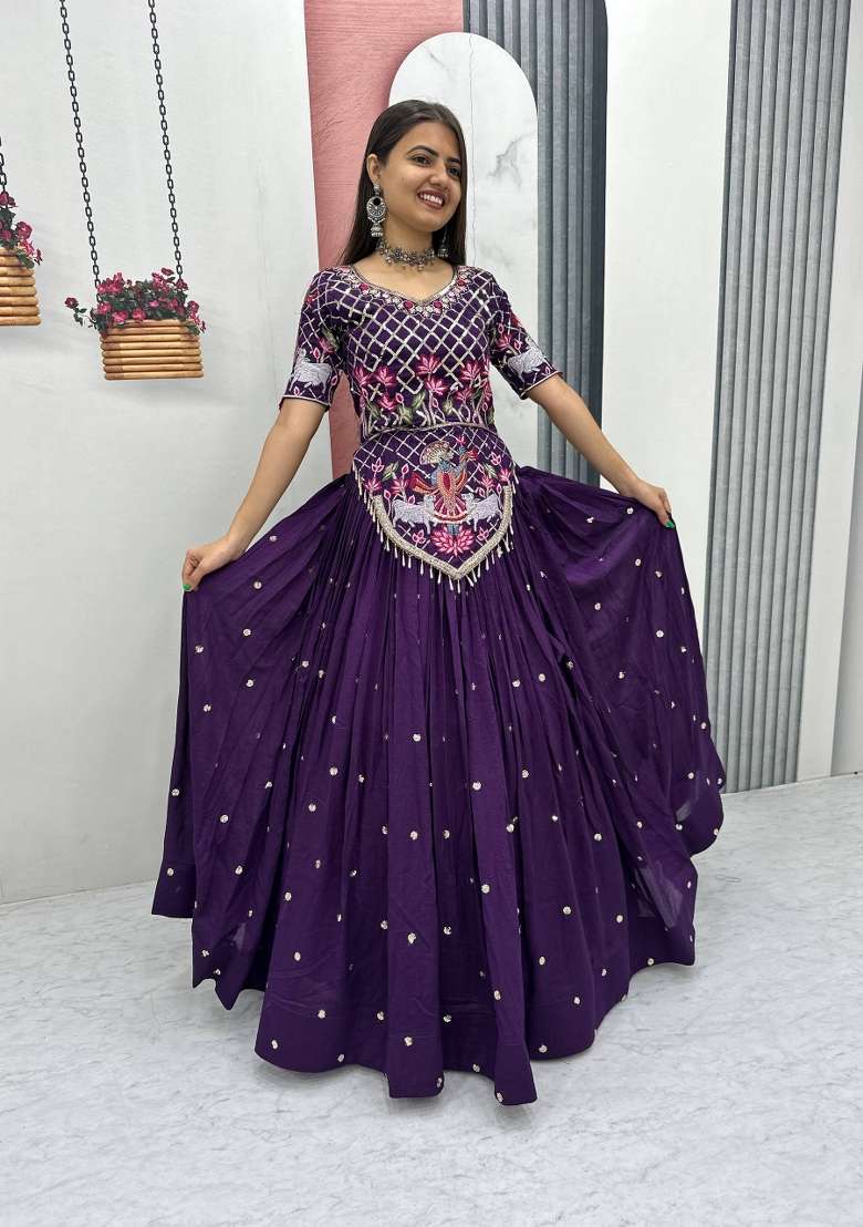 Purple Embroidered Silk Lehenga Set for Diwali and Festive Wear - Indya
