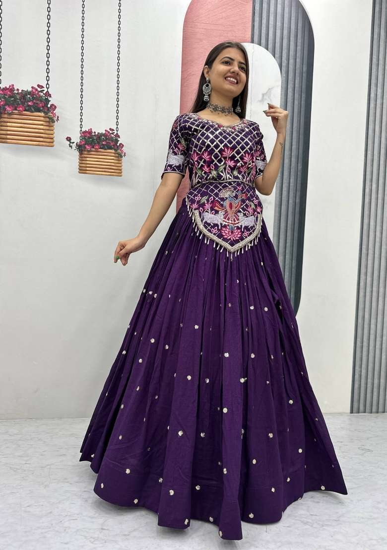 Purple Embroidered Silk Lehenga Set for Diwali and Festive Wear - Indya