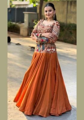 Rust Embroidered Silk Lehenga Set