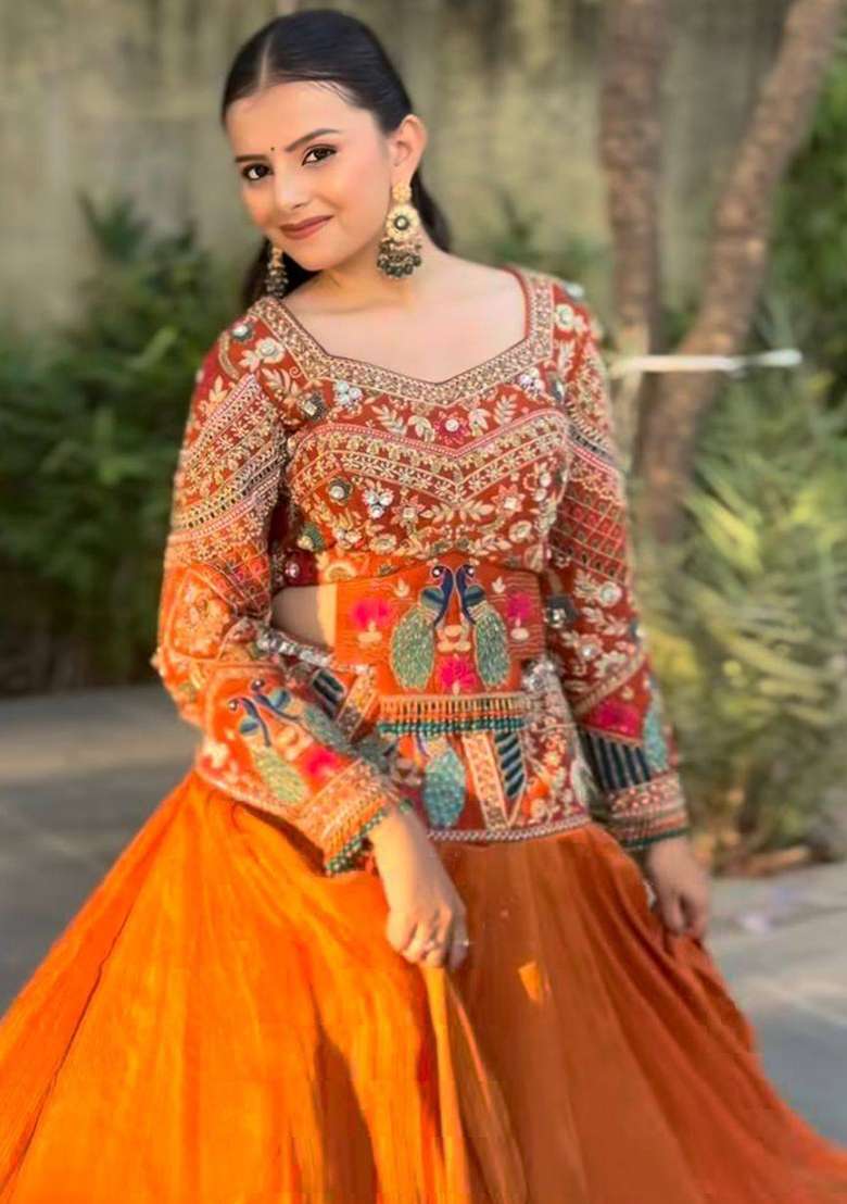 Rust Embroidered Silk Lehenga Set for Diwali and Festive Wear - Indya