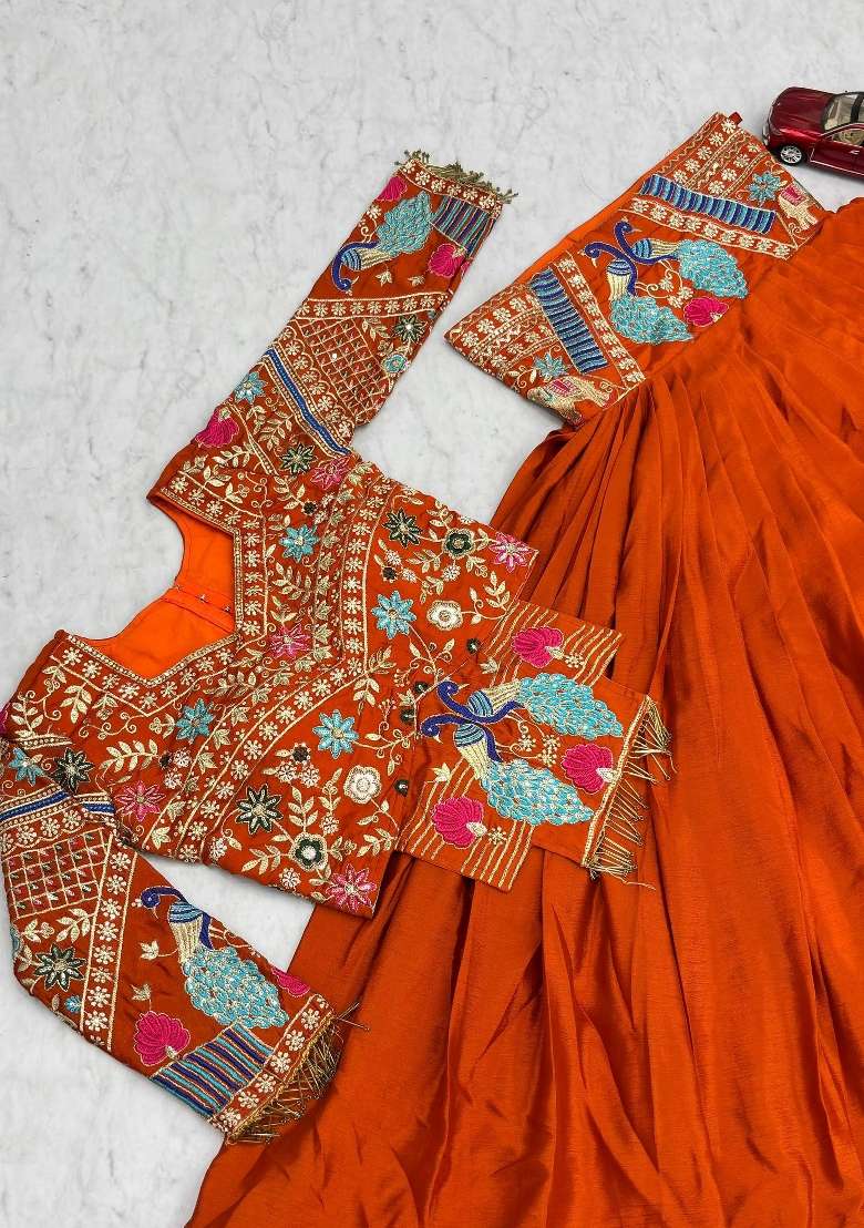 Rust Embroidered Silk Lehenga Set for Diwali and Festive Wear - Indya