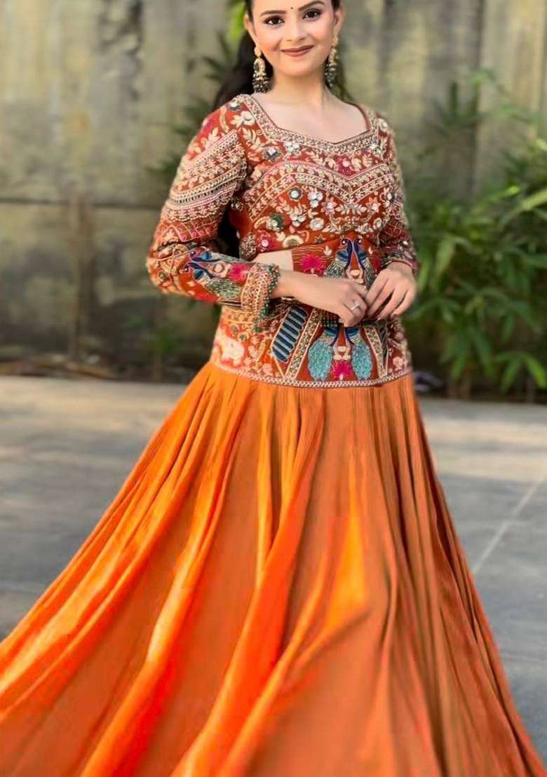 Rust Embroidered Silk Lehenga Set for Diwali and Festive Wear - Indya