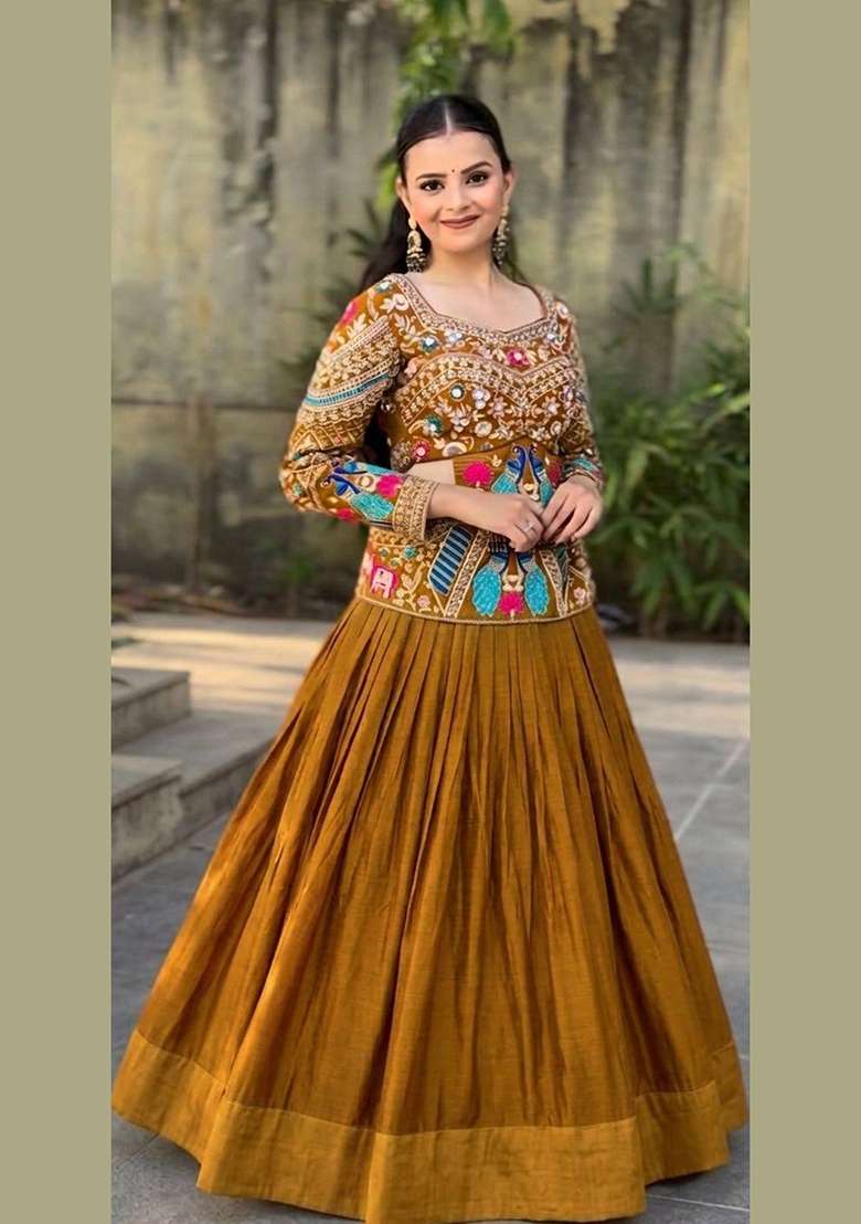 Gld Mustard Silk Lehenga Set with Embroidered for Diwali | Wedding & Festive Wear - Indya