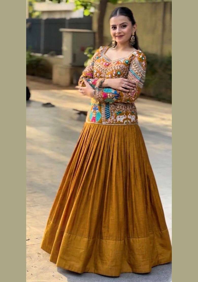 Gld Mustard Silk Lehenga Set with Embroidered for Diwali | Wedding & Festive Wear - Indya