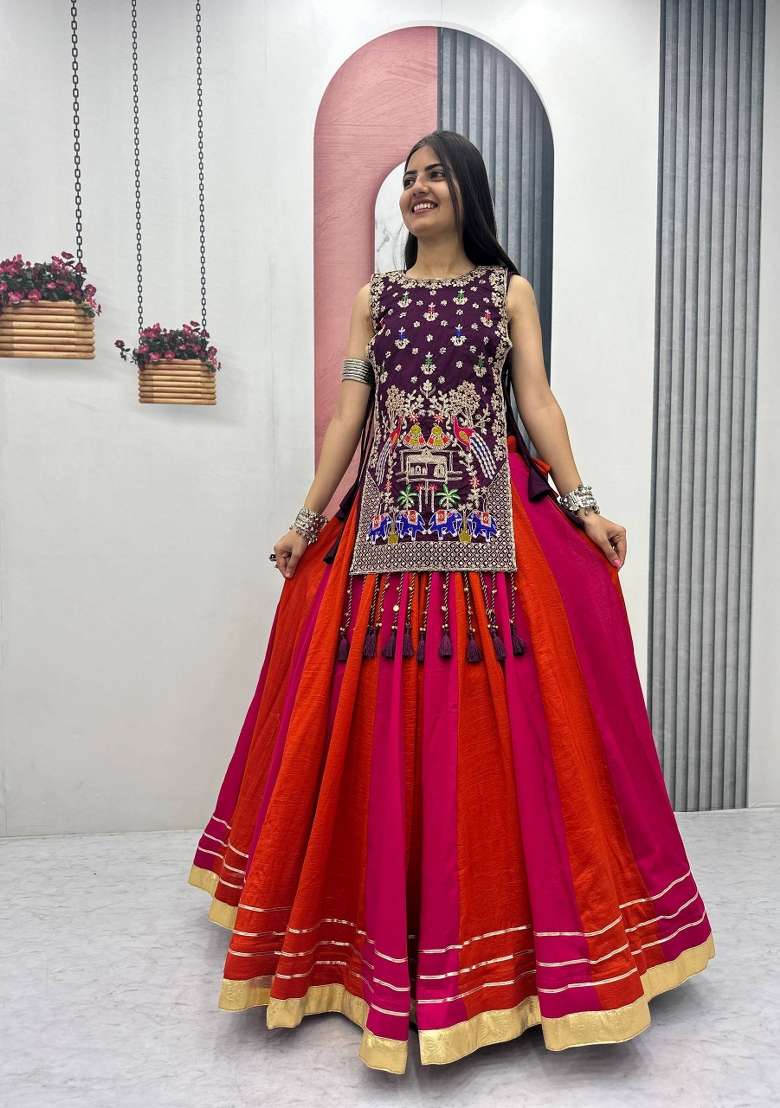 Purple Embroidered Silk Chaniya Choli Set For Navratri And Garba for Diwali | Wedding & Festive Wear - Indya