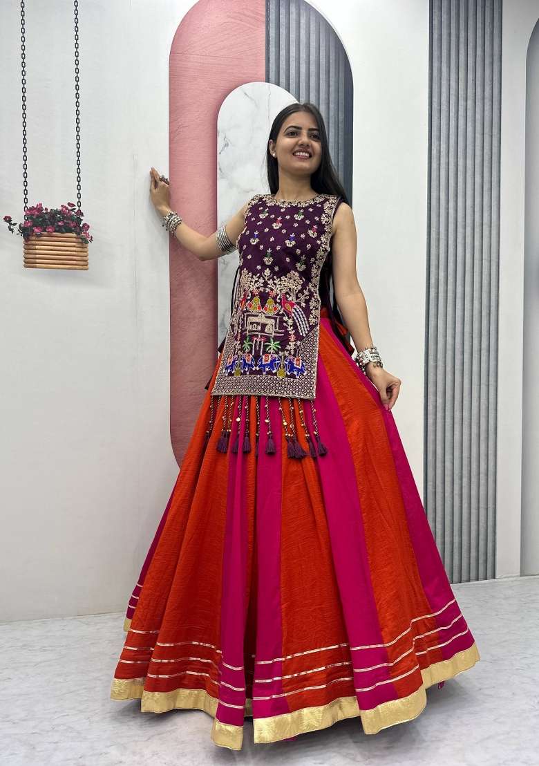 Purple Embroidered Silk Chaniya Choli Set For Navratri And Garba for Diwali | Wedding & Festive Wear - Indya