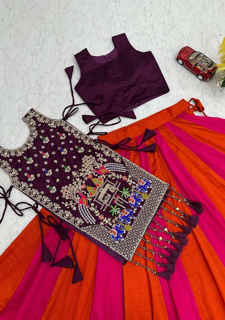 Purple Embroidered Silk Chaniya Choli Set For Navratri And Garba for Diwali | Wedding & Festive Wear - Indya