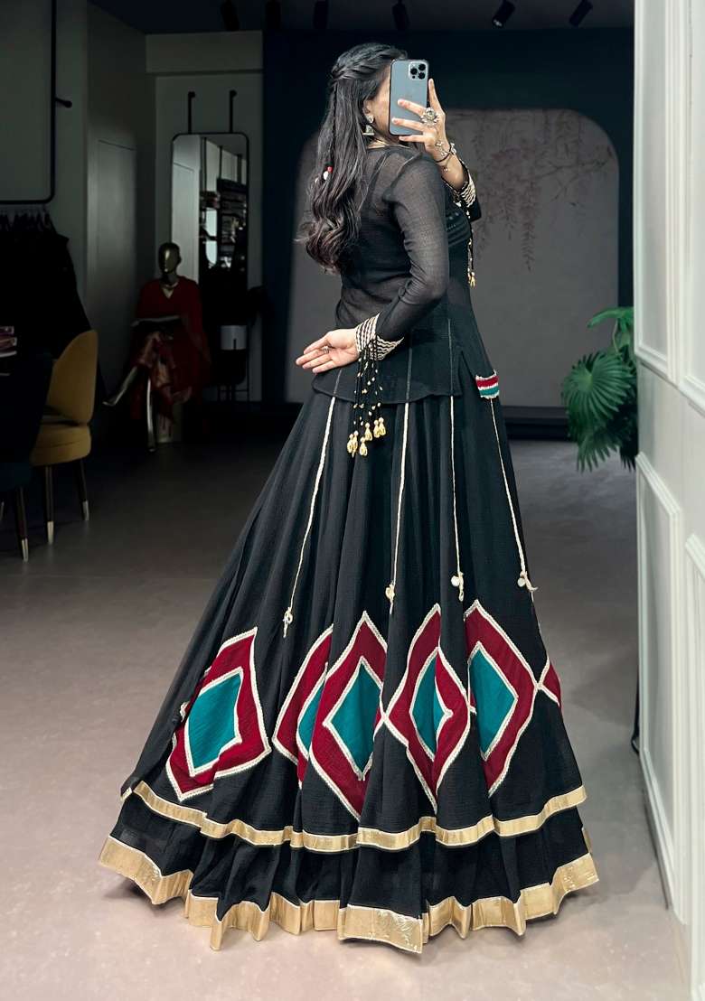 Black Lace Work Marble Base Chaniya Choli Set For Navratri And Garba for Diwali | Wedding & Festive Wear - Indya